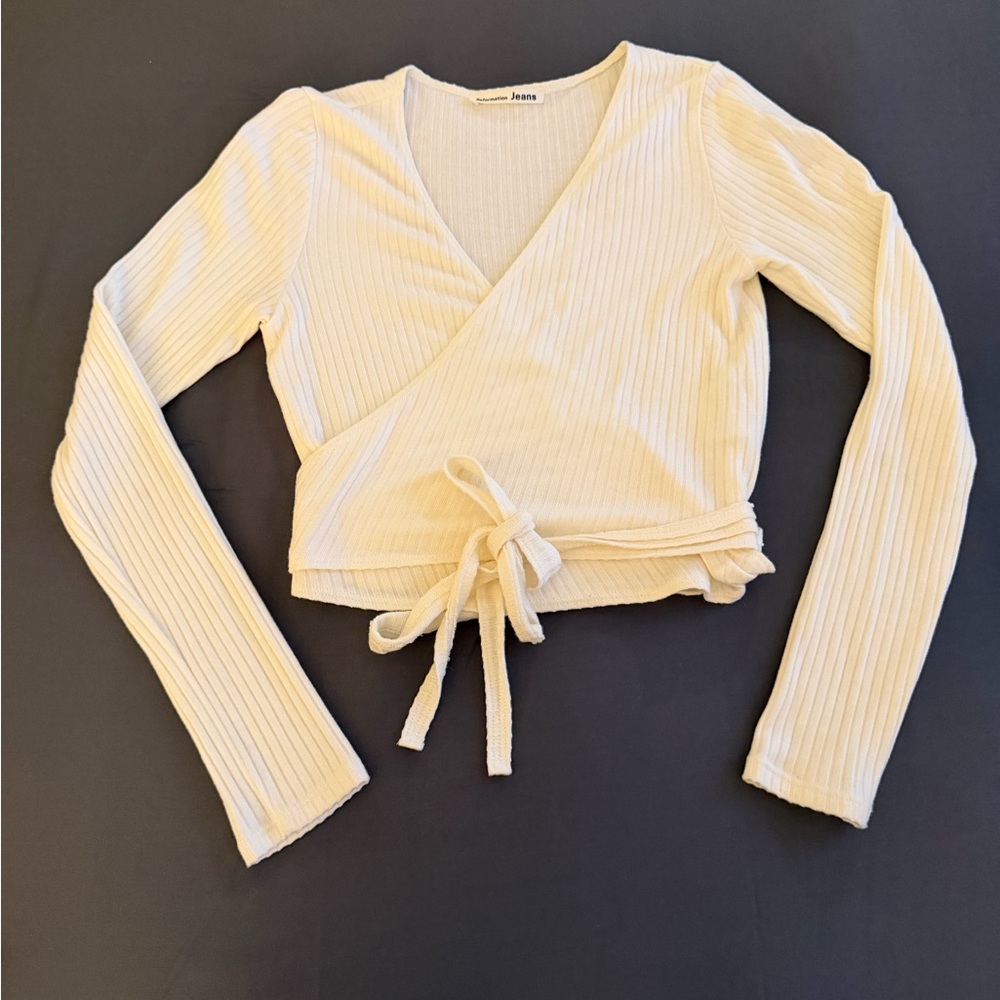 Reformation Cream Ribbed Wrap Crop Top